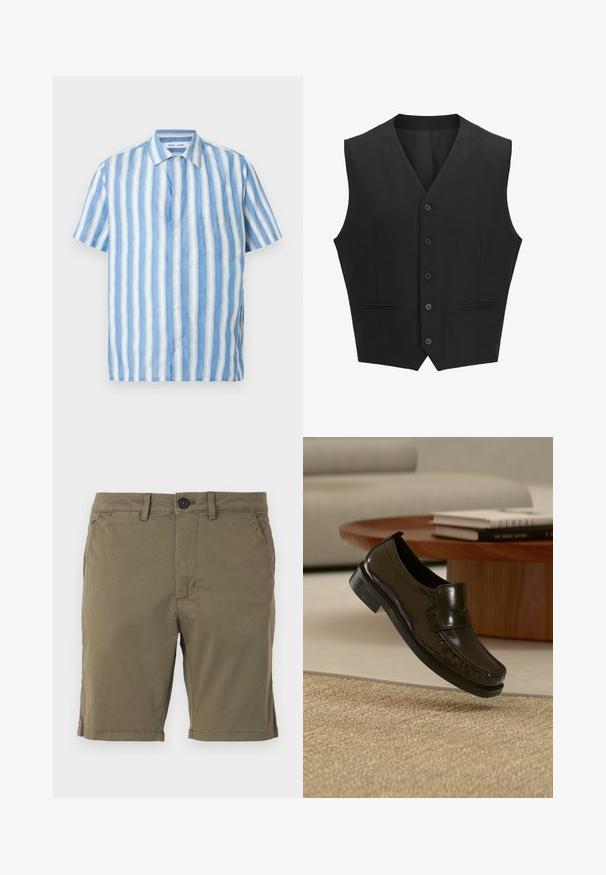 Gilet sans manches noir avec un revers cranté, fermeture à six boutons et deux poches avant. Tissu lisse avec une coupe ajustée.; Chemise à manches courtes à rayures verticales bleu clair et blanc, en lin, avec col pointu et une poche poitrine unique.; Shorts vert olive en tissu mélangé coton, avec une fermeture à bouton, des poches avant et un bas ourlé avec des détails de couture subtils.; Mocassin en cuir noir à enfiler flottant au-dessus d'un tapis beige tissé avec une table basse en bois et des livres en arrière-plan.