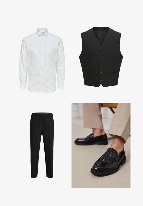 Sort ærmeløs vest med en notch-lapel, seks knaplukninger og to for- lommer. Glat stof med en skræddersyet pasform.; Hvid skjorte med lange ærmer med knaplukning foran og spids krave, vist mod en hvid baggrund.; Sorte bukser lavet af glat stof, med lige snit, bæltestropper og et fladt frontdesign uden synlige mønstre eller pyntegenstande.; Sorte lædermokkasiner med en glat overflade, der har en dekorativ rem og kontraststing, parret med beige bukser.