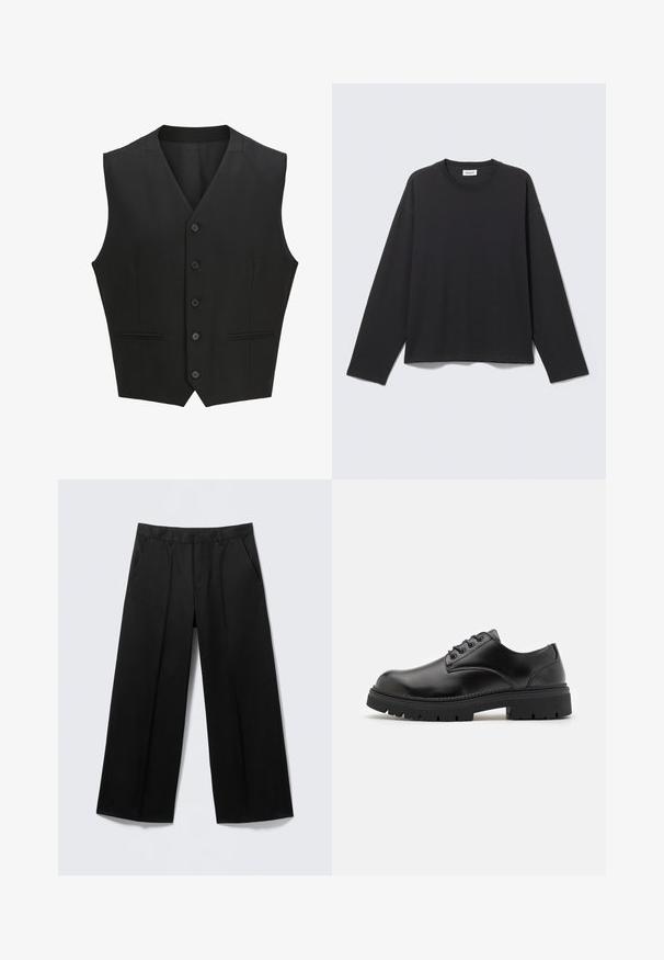Sort ærmeløs vest med en notch-lapel, seks knaplukninger og to for- lommer. Glat stof med en skræddersyet pasform.; Sort langærmet t-shirt med rund hals og enkel, løs pasform, vist fladt mod en lys grå baggrund.; Sorte vidde-bukser med bæltestropper, forlommer og lynlås foran, vist på en lysegrå baggrund.; Sorte lædersko med rund tå, snørelukning og en tykk, struktureret gummisål. Har syninger langs kanten og en glat overflade.