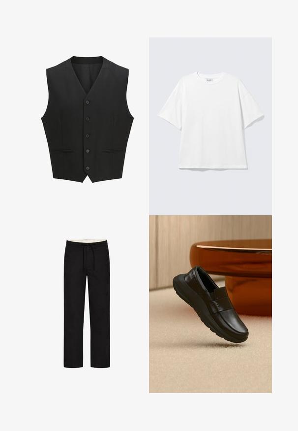 Sort ærmeløs vest med en notch-lapel, seks knaplukninger og to for- lommer. Glat stof med en skræddersyet pasform.; Hvid oversized t-shirt med korte ærmer og rund halsudskæring med sænkede skuldre, fladt lagt på lys grå baggrund.; Sorte straight-leg bukser med elastisk liv, snor og en understated design. Blød stofstruktur. Ingen synlige mønstre eller accenter.; Sort læderloafer med tyk sål, vist over beige tæppe og nær en rund bordfod i ravfarve.