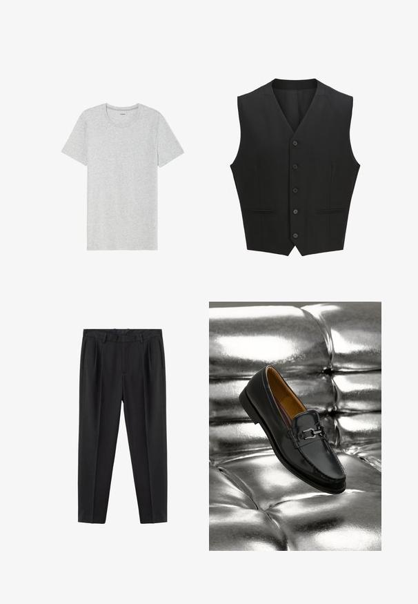 Schwarze ärmellose Weste mit Reverskragen, sechs Knopfverschluss und zwei frontalen Taschen. Glattes Material mit taillierter Passform.; Graues kurzärmliges T-Shirt aus einem weichen, leichten Stoff. Gerader Saum, klassisches Rundhalsausschnitt-Design und dezente Melange-Textur.; Schwarze, maßgeschneiderte Hose mit Gürtelschlaufen, vorne gelegten Falten, Seitentaschen und einem schlanken, konisch zulaufenden Bein Design.; Schwarzer Lederloafer mit silberner Metall-Schnalle, der auf einer glänzenden, silbernen, gesteppte Lederoberfläche ruht.