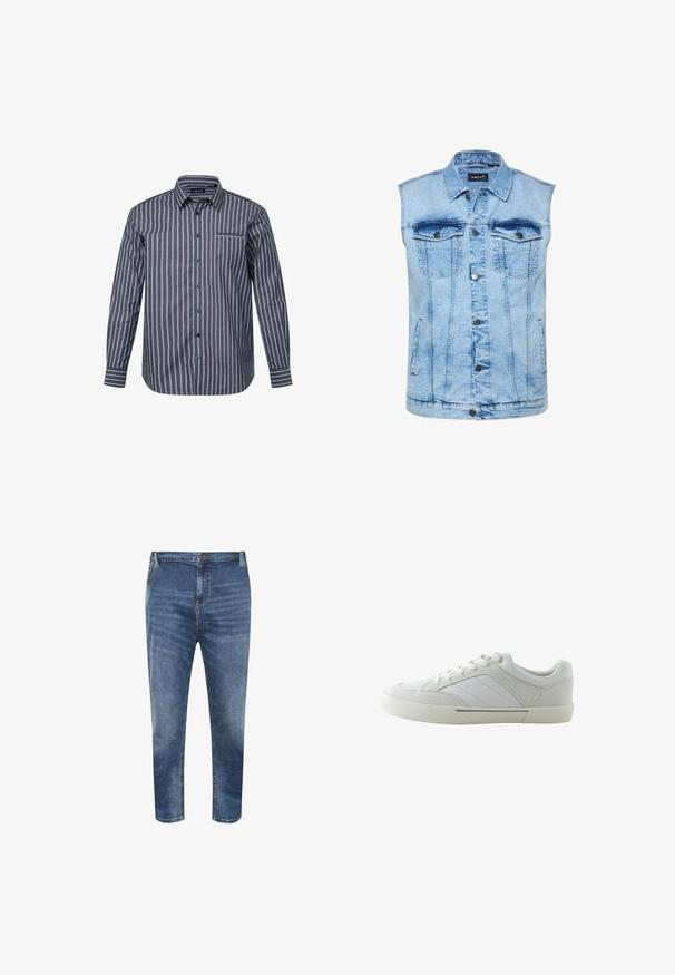 Lyseblå ærmeløs denimvest med knapper foran, to brystlommer med knaplukning, sidelommer og spidst krave.; Stribet skjorte i mørkeblå med lyserøde og hvide lodrette striber. Den har lange ærmer, krave og en brystlomme.; Blå denim jeans med mellemhøj talje, knap- og lynlåslukning, klassisk fem-lomme design og en tilspidset benpasform.; Hvid sneaker med lavt skaft, snørebånd, gummisål og diskrete syede paneldetaljer på siden, vist i højre profil.