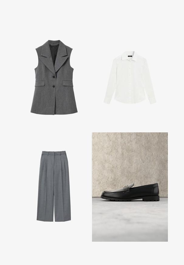 Mouwloze grijze blazer met brede revers, twee zwarte knopen en twee voorflapzakken, gevoerd met zwarte stof aan de binnenkant.; Wit overhemd met lange mouwen, kraag en manchetten, plat liggend op een witte achtergrond.; Grijze, geplooide wijde broek met een gladde textuur, een op maat gemaakte tailleband en geen zichtbare hardware. Ontworpen voor een ontspannen pasvorm.; Zwarte leren loafers met een verhoogde naad, gouden accentlogo en gestructureerde band. Voorzien van een dikke, duurzame rubberen zool.