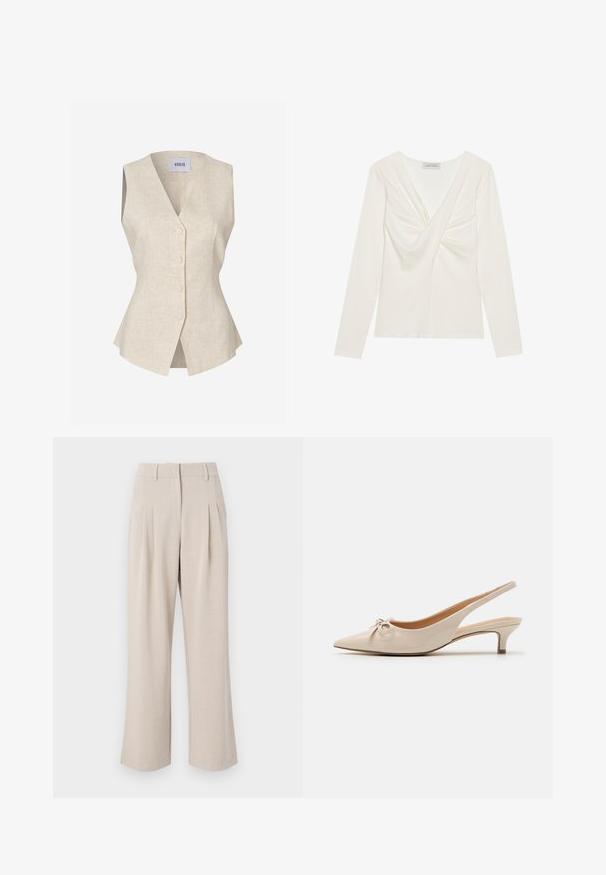 Chaleco de lino beige con escote en V, diseño sin mangas, botones delanteros y silueta acampanada, con un acabado texturizado sutil.; Blusa blanca de manga larga con escote en V y detalle retorcido en la parte delantera, hecha de un tejido suave y elástico que proporciona un ajuste ceñido.; Pantalones de pierna ancha en color beige con cintura alta, que presentan plisados frontales, una textura suave y un diseño a medida. Sin bolsillos visibles ni adornos.; Tacones slingback de charol beige con puntera afilada y un lazo decorativo en el empeine. Incluyen un tacón bajo y estilizado con una textura suave.