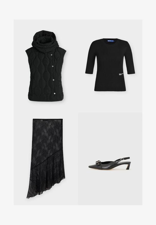 Veste matelassée noire sans manches avec col montant rembourré et boutons-pression latéraux, présentant des motifs de couture verticales courbes.; Pull court en maille côtelée noire à manches courtes avec col rond et petit logo blanc « KARL LAGERFELD JEANS » sur le bas devant.; Jupe asymétrique en dentelle noire transparente avec motif floral et ourlet diagonal superposé, présentée sur un fond clair uni.; Chaussure slingback en cuir noir avec un bout pointu, un petit talon et un détail de boucle décoratif sur le dessus. Texture lisse, design minimaliste.