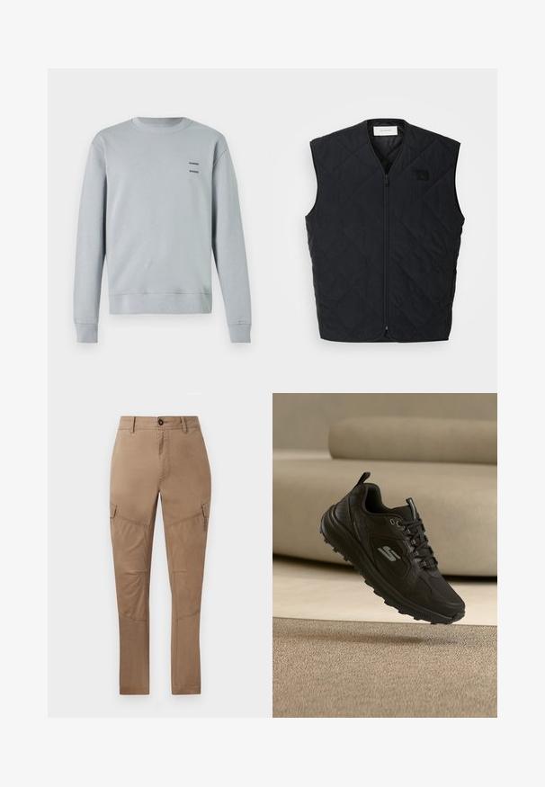 Sort quiltet vest med lynlås fortil, med diamantmønstre og et mærke på venstre bryst. Slankt design, uden ærmer og let tekstur.; Lys grå sweatshirt lavet af blødt stof, med rund halsudskæring, ribbede manchetter og kant, samt to sorte "SAMSØE" logoer på brystet.; Cargo-bukser i lysbrun bomuldsblanding. Har sidelommer, lige ben og syninger. Glat tekstur med en holdbar finish.; Sort atletiksneakers med tekstureret sål og snørebånd, med en sølvlogo, svævende over et tæppet gulv nær en beige sofa.