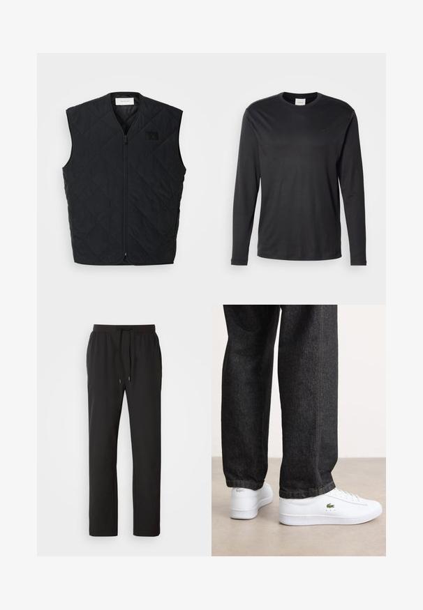 Zwarte gewatteerde vest met een ritssluiting aan de voorkant, voorzien van diamantpatronen en een label op de linkerkant van de borst. Strak design, zonder mouwen, en lichte textuur.; Zwarte longsleeve crewneck shirt van Calvin Klein met klein CK-logo op de linkerborst, weergegeven op een witte achtergrond.; Zwarte joggingbroeken van lichtgewicht stof, met een elastische tailleband en verstelbare trekkoorden, evenals zijzakken. Soepele textuur.; Witte leren sneakers met een laag profiel en een groen logo, gecombineerd met donkere spijkerbroek met gele stiksels.