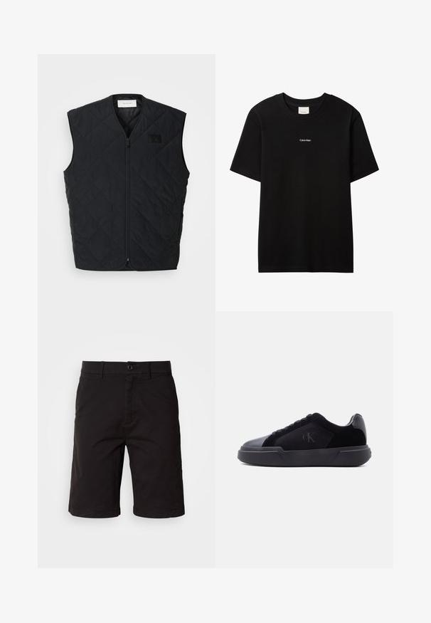 Sort quiltet vest med lynlås fortil, med diamantmønstre og et mærke på venstre bryst. Slankt design, uden ærmer og let tekstur.; Sort bomulds-T-shirt med rund hals og korte ærmer. Har en lille hvid "Calvin Klein"-logo på forsiden. Glat, klassisk pasform.; Sorte shorts lavet af et letvægtsstof, med knaplukning foran, bæltesløjfer, sidelommer og lige snit med omslag på kanterne.; Sort lav sko med tyk sål, snørebånd foran og diskret "cK"-logo på sidespanden.