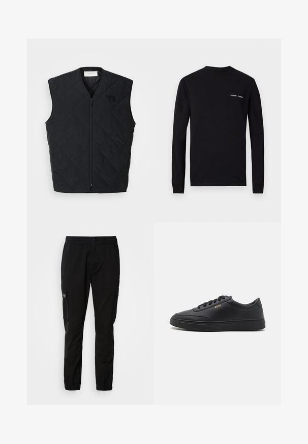Gilet matelassé noir avec fermeture éclair à l'avant, présentant des motifs en diamant et une étiquette sur la poitrine gauche. Design épuré, sans manches et texture légère.; T-shirt noir à manches longues en coton, avec un col ras du cou et deux impressions blanches du logo "SAMSØE" sur la zone du côté gauche de la poitrine.; Pantalons cargo noirs avec taille élastique, fermeture à bouton, deux poches latérales et deux poches cargo. Tissu lisse avec une coupe relaxée.; Baskets en cuir noir avec une texture lisse, bout rond, semelle en caoutchouc plate et lacets ton sur ton. Présente une marque "BOSS" dorée sur le côté.