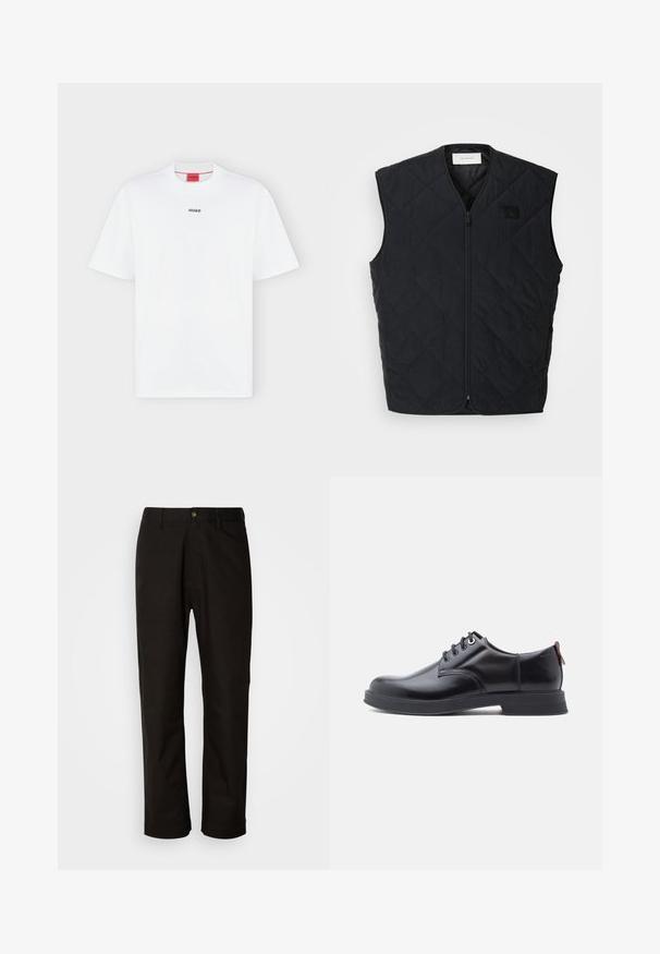 Sort quiltet vest med lynlås fortil, med diamantmønstre og et mærke på venstre bryst. Slankt design, uden ærmer og let tekstur.; Hvid T-shirt med korte ærmer med lille sort "HUGO" logo centreret på brystet og et rødt mærke inde i kraven.; Sorte bomuldsbukser med lige pasform, bæltestropper, lynlås foran og en enkelt knappelukning. Glat tekstur uden synlige mønstre.; Sorte snørestøvler i læder med glat tekstur, rundet tå og diskrete syningsdetaljer. Har en rød trækflig på hælen.
