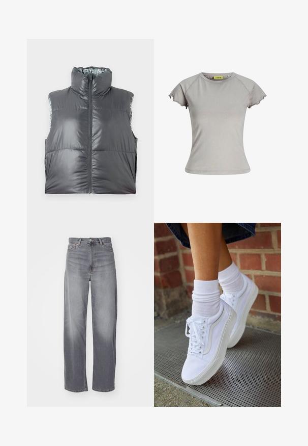 Grå puffy vest med høj krave og frontlynlås. Har en skinnende overflade og et mønstret inderfor. Letvægts og uden ærmer.; Lysegrå tætsiddende T-shirt med korte ærmer med salatkant og rund halsudskæring, mærket "JJXX" inde i kraven.; Weekday RAIL MID LOOSE STRAIGHT - Jeans Straight Leg - misty grey; Hvide lærreds sneakers med gummisåler, der har seks snørehuller, rund tå og let sømdetaljer, krydret med hvide ankelstrømper.