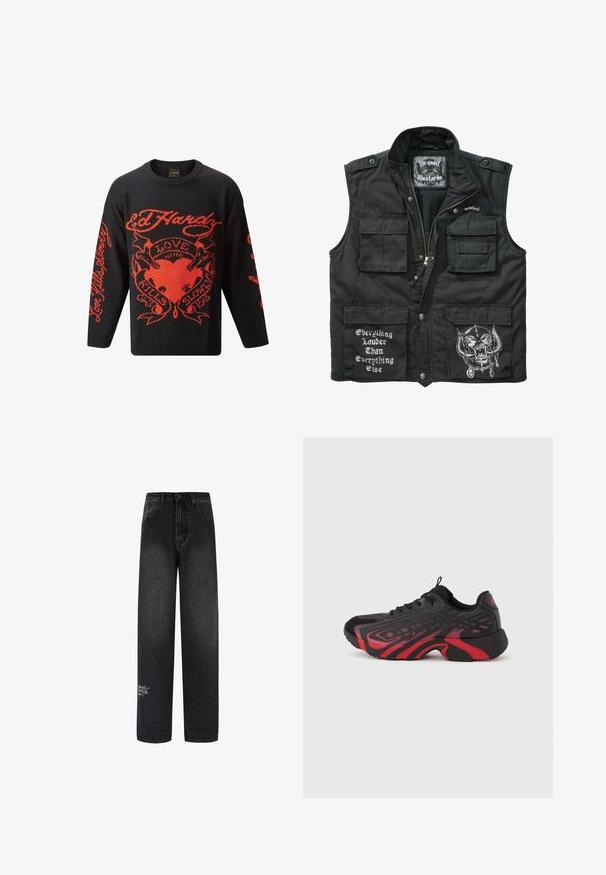 Sort ærmeløs vest lavet af slidstærkt stof, med flere frontlommer, lynlås lukning og hvide trykte designs, herunder tekst og grafik.; Sort striktrøje med iøjnefaldende røde grafiske designs, herunder ordene "Kærlighed Dræber Langsomt" og et hjerte motiv. Rund hals og lange ærmer.; Sorte denim bukser med bred benvidde og høj talje, med to forlommer og en dekorativ logodetalje på det nederste ben.; Sort og rød atletik sko med tekstureret overdel med mønsterdetaljer, snørelukning og tyk gummisål.