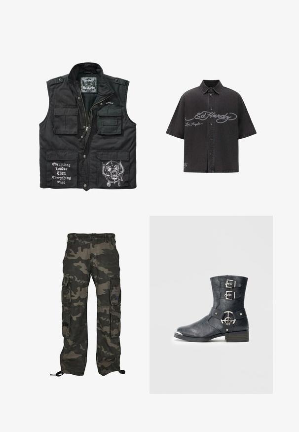 Chaleco negro sin mangas hecho de tejido duradero, con múltiples bolsillos frontales, cierre de cremallera y diseños impresos en blanco, que incluyen texto y gráficos.; Camisa de manga corta de mezclilla negra con frente de botones. Presenta un gran logo gris de "Ed Hardy" y el texto "Los Ángeles" en el frente.; Pantalones cargo de camuflaje en verde oscuro y gris, con múltiples bolsillos laterales, cierre de botón y cordones ajustables en los tobillos.; Botín de cuero negro con puntera redondeada, dos correas con hebillas, detalles de herrajes plateados y tacón bajo apilado. Acabado texturizado.