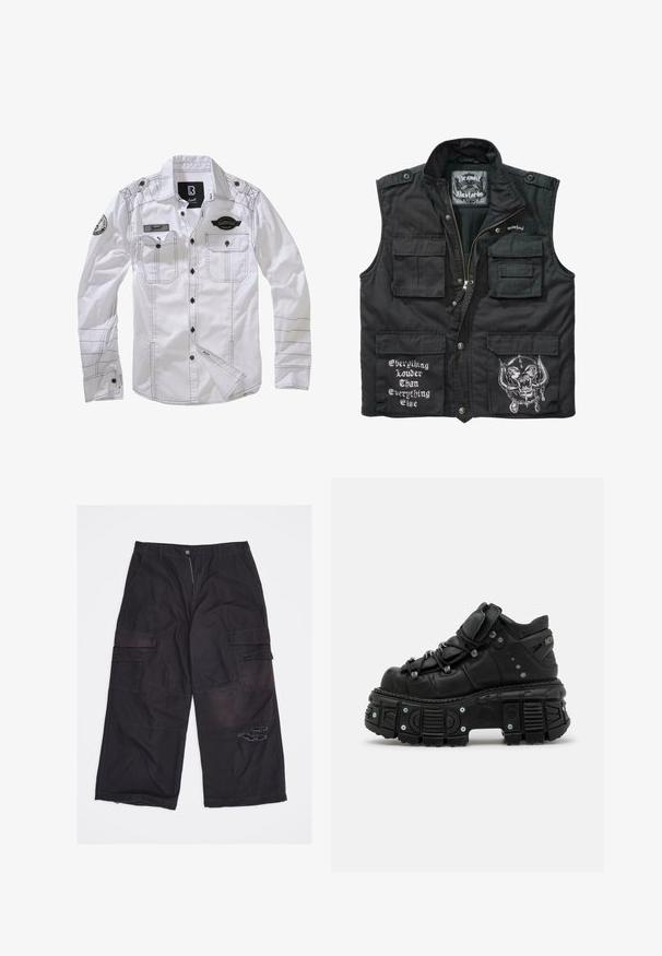 Sort ærmeløs vest lavet af slidstærkt stof, med flere frontlommer, lynlås lukning og hvide trykte designs, herunder tekst og grafik.; Hvid langærmet skjorte med sort syning, to brystlommer og et mærke på den ene ærme. Har knaplukning fortil og krave.; Sorte cargobukser med vide ben og flere lommer samt et slidt hul på højre lår, lagt fladt på en hvid baggrund.; Sorte læder høj-top sneakers med en tykk gummisål, snørebåndsdesign, polstret krave og metal accenter. Har en mønstret sål for godt greb.