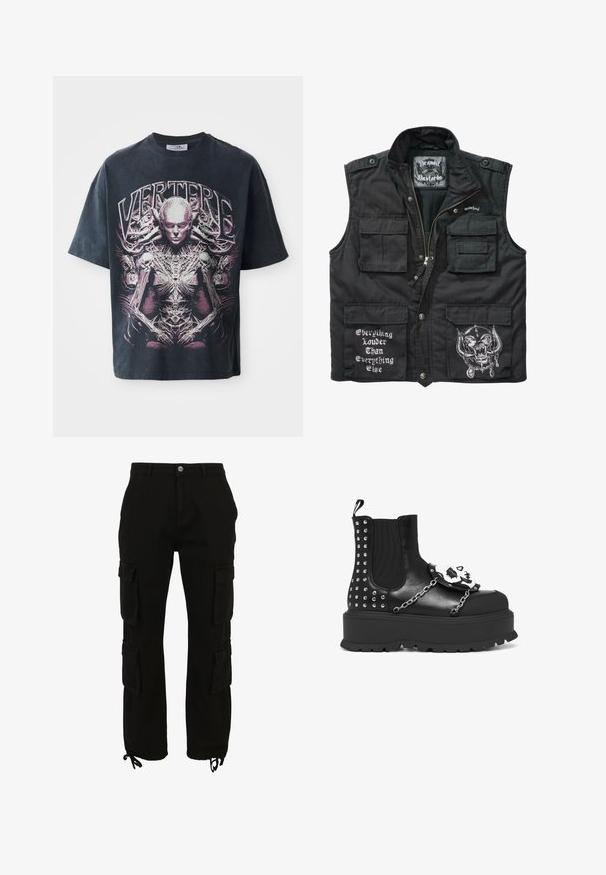 Chaleco negro sin mangas hecho de tejido duradero, con múltiples bolsillos frontales, cierre de cremallera y diseños impresos en blanco, que incluyen texto y gráficos.; Camiseta gráfica negra de algodón, con un gran diseño en rosa y blanco de una figura humanoide con detalles intrincados y el texto "VERTERE."; Pantalones cargo negros de algodón, con múltiples bolsillos laterales, cierre de botón y bajos ajustables con cordones.; Botín negro de plataforma con tachuelas plateadas, detalles de cadena y una decoración de calavera blanca en el panel frontal.