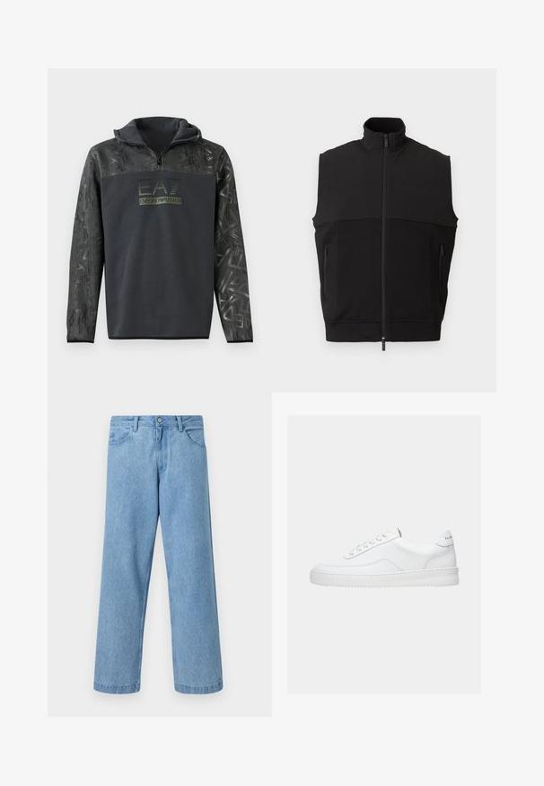 Chaleco negro sin mangas con cuello alto, cremallera frontal, dos bolsillos con cremallera y una combinación de tela lisa y texturizada.; Sudadera negra con capucha y media cremallera, que cuenta con un patrón gráfico texturizado en las mangas y una impresión de logo en verde oscuro en el pecho.; Vaqueros de mezclilla azul claro de pierna recta con bolsillos delanteros, trabillas para el cinturón y cierre de botón sobre un fondo liso.; Zapatilla deportiva blanca de corte bajo con diseño con cordones, parte superior de cuero liso y suela gruesa, vista de lado sobre un fondo liso.