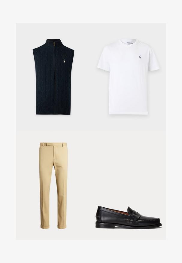 Chaleco azul marino sin mangas de punto con trenza, cuello alto acanalado y cremallera frontal, con pequeño logo bordado en blanco de jugador de polo en el pecho.; Camiseta blanca de manga corta con cuello redondo y pequeño logo de jugador de polo en azul oscuro en el pecho izquierdo.; Pantalones beige de pierna recta con trabillas para cinturón, cremallera frontal y bajos con vuelta, mostrados sobre un fondo claro y liso.; Mocasín negro de cuero con tacón bajo y detalle de correa para moneda, mostrado de lado sobre un fondo gris claro.