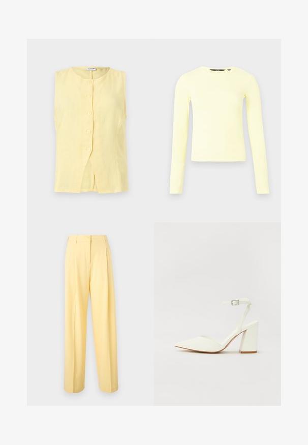 Blouse sans manches en lin jaune pâle avec col rond et cinq boutons sur le devant, avec une petite fente à l'avant de l'ourlet.; Haut à manches longues en maille côtelée jaune clair avec col rond, présenté à plat sur un fond gris neutre.; Pantalon taille haute jaune clair avec fermeture par bouton et zip, coupe droite jambes larges et devant plat.; Sandale blanche à talon avec un bout pointu, sangle de cheville réglable et un talon carré épais. Texture lisse avec des détails de couture minimaux.