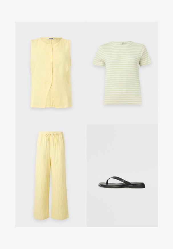 Blouse sans manches en lin jaune pâle avec col rond et cinq boutons sur le devant, avec une petite fente à l'avant de l'ourlet.; T-shirt côtelé à manches courtes à rayures horizontales vert clair et blanc avec un col rond sur un fond uni.; Pantalon jaune ample avec des rayures blanches verticales et une taille élastique dotée d'un cordon noué.; Tongs noires en cuir lisse, avec un design de sangle fine et une semelle plate à profil minimal. Aucun motif ou accent notables.