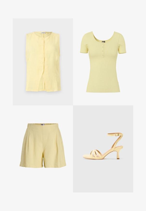 Blouse sans manches en lin jaune pâle avec col rond et cinq boutons sur le devant, avec une petite fente à l'avant de l'ourlet.; Haut jaune clair côtelé à manches courtes avec encolure dégagée et quatre petits boutons-pression argentés au centre devant.; Shorts taille haute jaune clair avec plis devant et ceinture élastique, confectionnés dans un tissu doux et léger.; Sandales jaunes à brides avec un petit talon, comportant une fine bride de cheville et plusieurs brides croisées formant un design à bout ouvert.
