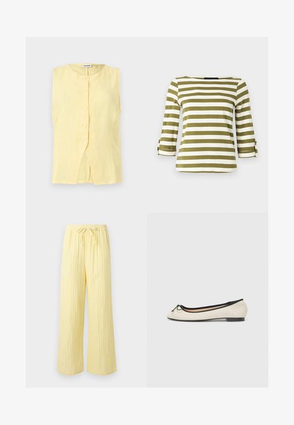 Blouse sans manches en lin jaune pâle avec col rond et cinq boutons sur le devant, avec une petite fente à l'avant de l'ourlet.; Haut rayé en vert olive et blanc, avec des manches trois-quarts munies de pattes de serrage et un col bateau. Tissu lisse et doux.; Pantalon jaune ample avec des rayures blanches verticales et une taille élastique dotée d'un cordon noué.; Ballerine en textile beige avec une bordure noire. Affiche un bout arrondi et un petit nœud en accent sur le devant. Semelle basse.