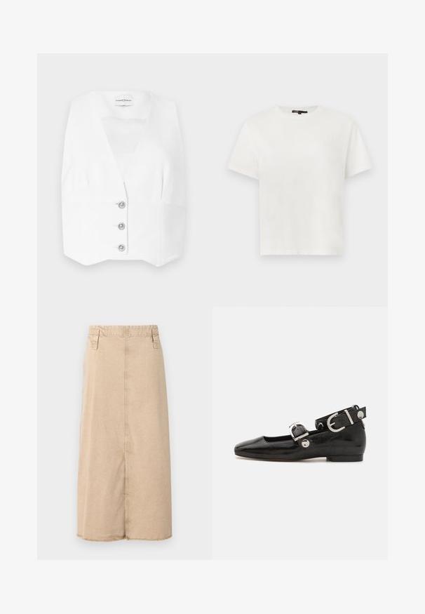 Débardeur blanc sans manches avec un décolleté en V plongeant, présentant une coupe cintrée et trois boutons en argent sur le devant. Tissu lisse et léger.; T-shirt blanc à manches courtes et col rond avec un petit logo de cœur en relief sur le côté gauche de la poitrine et une étiquette noire au niveau du col.; Jupe en denim beige d'une longueur mi-mollet, avec un ourlet effiloché, deux poches latérales et des accents cousus sur la taille.; Ballerine en cuir verni noir avec un bout carré, sangle de cheville avec des détails en métal argenté et semelle plate. Texture lisse avec un design minimaliste.