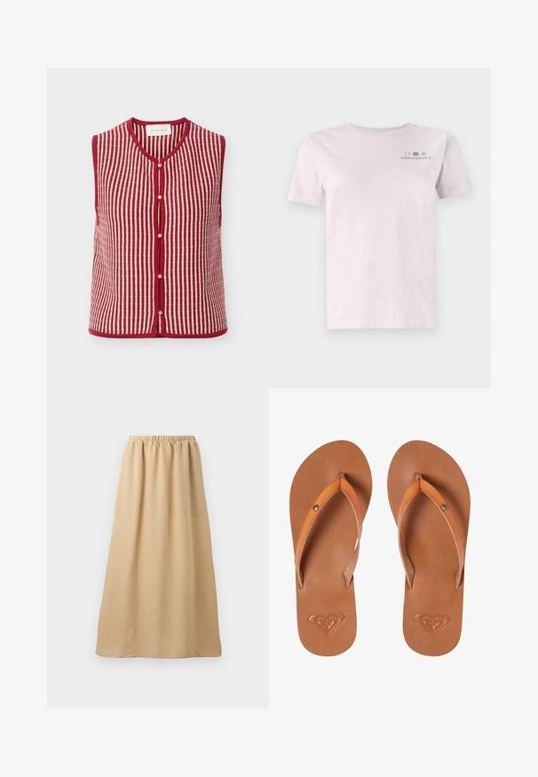 Ærmeløs strikket vest med lodrette røde og hvide striber, perleknapper ned foran og røde kanter rundt kanterne.; Lyserød bomulds T-shirt med korte ærmer og rund hals, prydet med et flerfarvet "Converse" logo på brystet.; Beige lang nederdel med elastisk talje, lavet af let tekstureret stof, vist mod en ensfarvet hvid baggrund.; Brune syntetiske klipklapper med orange stropper, tekstureret overflade og præget hjerte-logo detalje på sålen.
