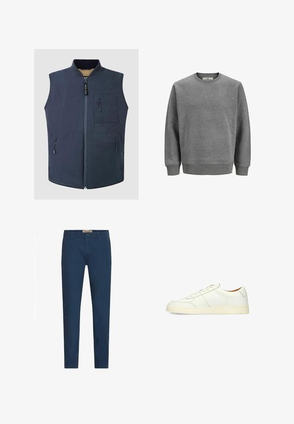 Marineblauwe mouwloze vest met hoge kraag, ritssluiting aan de voorkant, twee zijzakken en een borstzak. Soepele textuur met een lichte glans.; Grijze sweatshirt gemaakt van een katoenmix, met een ronde hals, ribgebreide manchetten en zoom. Subtiel reliëflogo op de voorkant. Klassieke pasvorm.; Marineblauwe slim-fit herenbroek met riemlussen, sluiting met knoop aan de voorkant en zijzakken, tentoongesteld tegen een witte achtergrond.; Witte leren sneaker met lage enkel, veters aan de voorkant en crèmekleurige rubberen zool, gezien vanaf de linkerkant op een witte achtergrond.