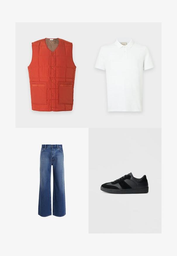 Pudset ærmeløs vest i livlig orange med v-udskæring, knappelukning, to forlommer og quiltet tekstur.; Hvid polo skjorte lavet af blødt bomuld, med korte ærmer, klassisk krave, tv-button placket og et diskret logo på brystet.; Højtsiddende wide-leg jeans i mellemblå denim, med et klassisk fem-lomme design, let falmning og frynsede kantdetaljer.; Sorte sneakers med en kombination af glat læder og ruskind, med en tekstureret sort gummisål og subtil stripingdetalje.