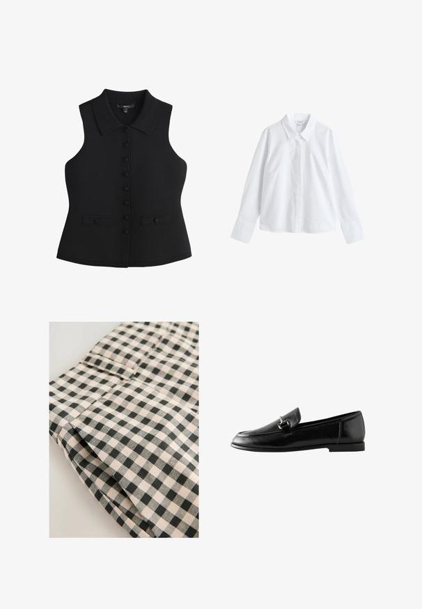 Next REGULAR FIT - SMART BUTTON UP - Veste sans manches - black; Chemise blanche à manches longues boutonnée, avec col pointu et larges poignets, présentée sur un fond blanc uni.; Tissu à carreaux noir et beige avec une texture lisse. Le détail montre une section pliée avec une poche et des finitions nettes.; Mocassins en cuir noir pour homme avec un détail de boucle argentée sur le dessus et un petit talon, présentés de profil sur fond blanc.