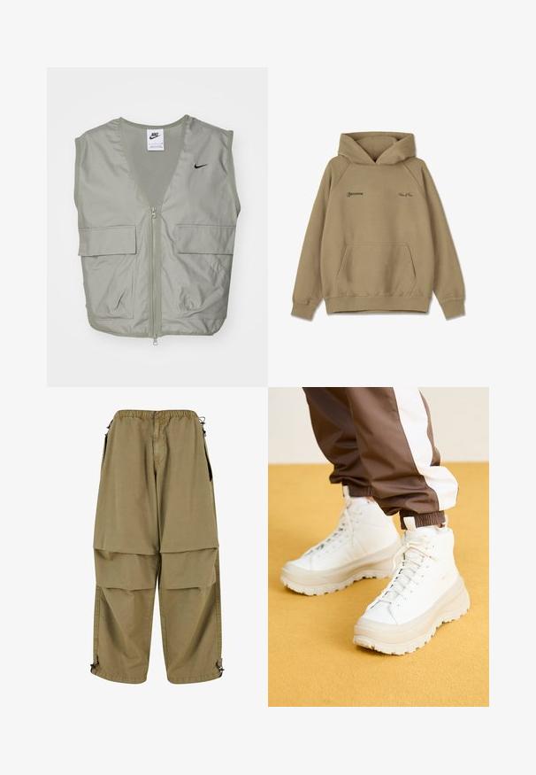 Lys grøn Nike vest med V-hals, mesh-detaljer, lynlås foran og to rummelige klaplommer. Har et lille sort logo på brystet.; Beige hættebluse i fleece materiale, med en frontlomme, ribbede mansjetter og broderede logoer på brystet.; Beige cargo bukser med elastisk talje, store forlommer og justerbare manchetter. Lavet af letvægtsmateriale med en glat tekstur.; Hvide højtop sneakers med en kraftig, tekstureret sål, der har en glat overdel, rund tå og tonede snørebånd, placeret mod en gul baggrund.