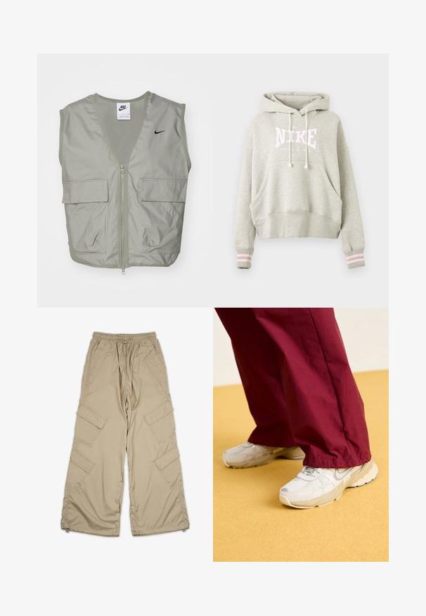 Lys grøn Nike vest med V-hals, mesh-detaljer, lynlås foran og to rummelige klaplommer. Har et lille sort logo på brystet.; Lysegrå Nike hættetrøje med snørrehætte, front kangaroo-lomme, ribstrikkede ærmegab med to lyserøde striber og logotekst på brystet.; Beige cargo bukser med snoretræk i taljen, flere sidelommer og en afslappet pasform. Lavet af letvægts, glat stof med syning detaljer.; Lys grå sneakers med teksturerede overflader og polstrede såler, parret med løs pasform burgunderrøde bukser, mod en gul baggrund.