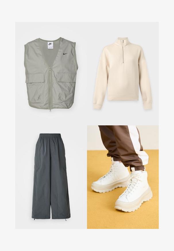 Heled roheline Nike vest V-kaelusega, võrgumaterjaliga detailid, esikraan ja kaks avarat klapikotid. Rinnal on väike must logo.; Beež pika varrukaga pullover kõrge krae ja lühikese tõmblukuga esiküljel keskel, esitatud lihtsal heledal hallil taustal.; Hallid, elastse vöökohaga, laiad püksid, mis on valmistatud kergest kangast, sisaldavad kahte küljetaskut ja reguleeritavaid tõmblukke pahkluude juures.; Valged kõrged tossud koos raske, tekstureeritud tallaga, sujuva ülaosa, ümmarguse varbaga ja tonaalsete nööpidega, kollase tausta ees.
