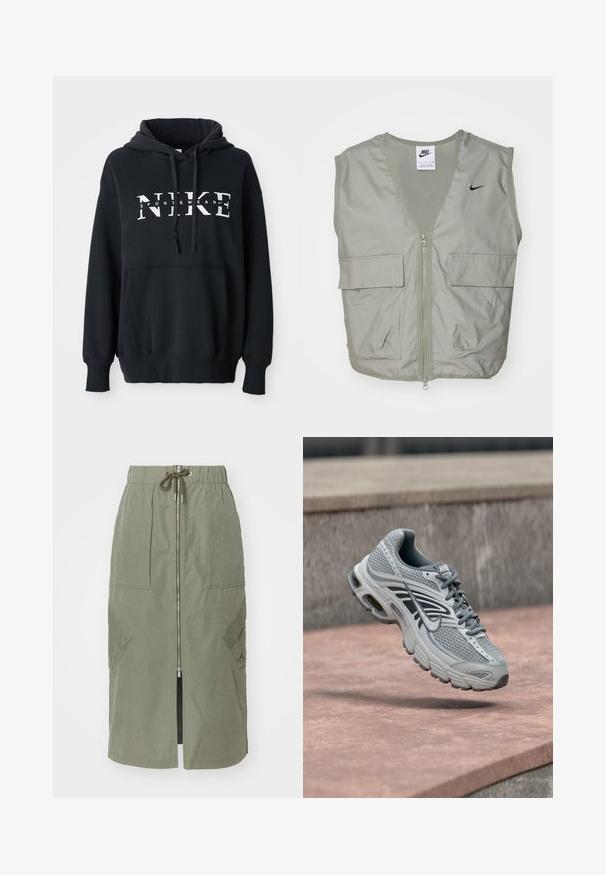 Svetlozelená vesta Nike s výstrihom do V, sieťovinovým detailom, predným zipsom a dvoma priestrannými vreckami na klopu. Na hrudi sa nachádza malé čierne logo.; Čierna mikina Nike s prednou vreckom, veľkým logom na hrudi, kapucňou so sťahovacou šnúrkou a rebrovanými manžetami a lemom. Mäkkký materiál z bavlnenej zmesi.; Olivovo zelená midi sukňa vyrobená z ľahkého materiálu, s predným zipsom, elastickým pásom a veľkými bočnými vreckami s uhlovými klapkami.; Svetlosivá a biela bežecká topánka Nike s dizajnom z oka, vznášajúca sa nad kamenným povrchom vonku.