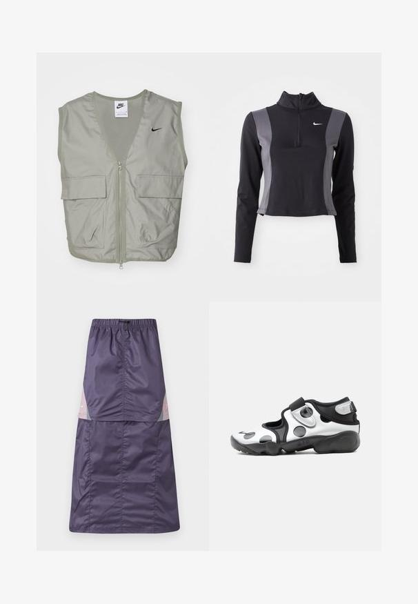 Ανοιχτό πράσινο γιλέκο Nike με V-λαιμό, λεπτομέρειες από δίχτυ, μπροστινό φερμουάρ και δύο ευρύχωρες τσέπες με καπάκι. Διαθέτει μικρό μαύρο λογότυπο στο στήθος.; Μαύρο και γκρι μπλούζα μακρυμάνικη με φερμουάρ μέχρι το μισό, με εφαρμοστή σχεδίαση και λογότυπο Nike, που διαθέτει αντίθετες πλαϊνές πάνελ και λεία υφή.; Μωβ φούστα από νάιλον με ελαστική μέση, διαθέτει πάνελ σε έντονα χρώματα σε ροζ και πράσινο, και ένα μικρό λευκό λογότυπο στο πάνω μέρος.; Αθλητικό παπούτσι χωρίς κορδόνια σε ασπρόμαυρο με μεγάλα πουά, ρυθμιζόμενο λουράκι και παχιά μαλακή σόλα με την ένδειξη "AIR".