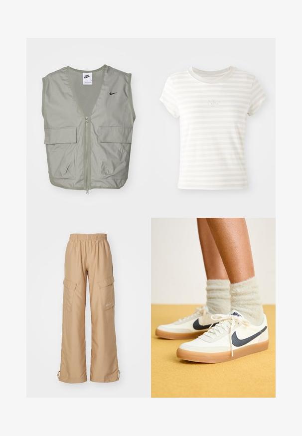 Lys grøn Nike vest med V-hals, mesh-detaljer, lynlås foran og to rummelige klaplommer. Har et lille sort logo på brystet.; Hvidstribet kortærmet t-shirt lavet af blød bomuld. Har en rund halsudskæring og et lille broderet Nike-logo på brystet.; Nike Sportswear TREND - Cargobukser - hemp; Hvide Nike sneakers med navy swoosh, tekstureret stof, hvide snørebånd og gummisål, parret med fluffy lysegrønne sokker. Gul baggrund.