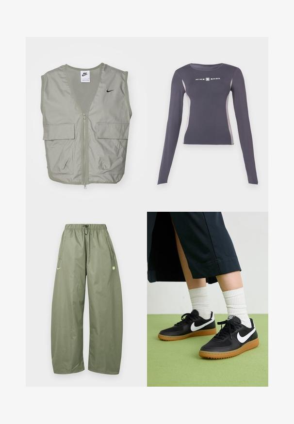 Svetlozelená vesta Nike s výstrihom do V, sieťovinovým detailom, predným zipsom a dvoma priestrannými vreckami na klopu. Na hrudi sa nachádza malé čierne logo.; Tmavošedý dlhý rukáv priliehavý športový top s svetlošedými bočnými panelmi a bielym logom "Nike Shox" na hrudi.; Voľné olivovo zelené nohavice s elastickým pásom, sťahovacou šnúrkou, bočnými vreckami a malým svetlozeleným logom na ľavom stehne.; Čierne kožené a syntetické tenisky so bielym logom Nike, gumenou podrážkou, okrúhlou špičkou a čiernymi šnúrkami. Viditeľné biele pruhované ponožky.