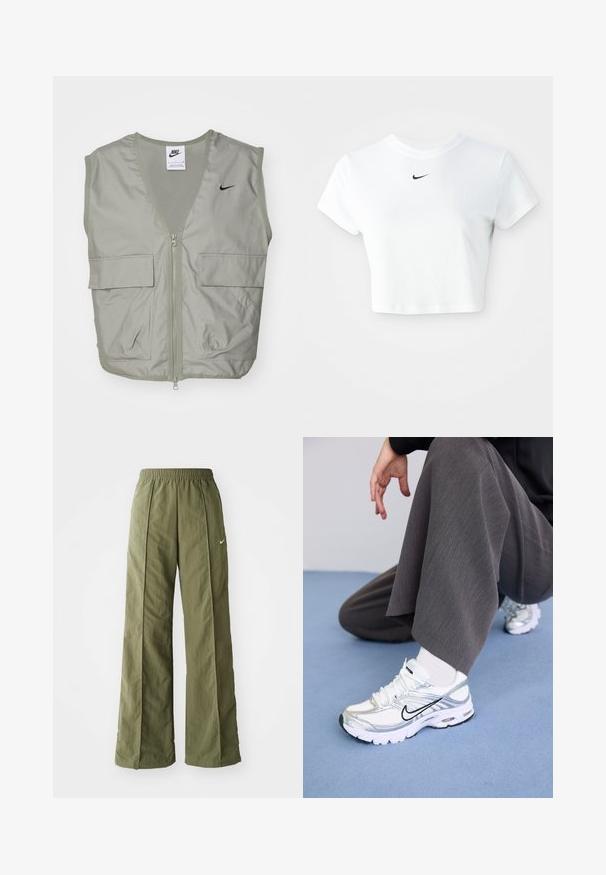 Svetlozelená vesta Nike s výstrihom do V, sieťovinovým detailom, predným zipsom a dvoma priestrannými vreckami na klopu. Na hrudi sa nachádza malé čierne logo.; Biely skrátený tričko vyrobené z bavlny, s krátkymi rukávmi a okrúhlym výstrihom, s čiernym logom Nike na hrudi.; Olívovo zelené nohavice s širokými nohavicami vyrobené z ľahkej tkaniny, s elastickým pásom a malým bielym logom na prednej strane.; Biele a strieborné športové topánky s jemnou sieťovinou a syntetickými materiálmi, so čiernymi akcentmi, šnúrkami a textúrovanými podrážkami.
