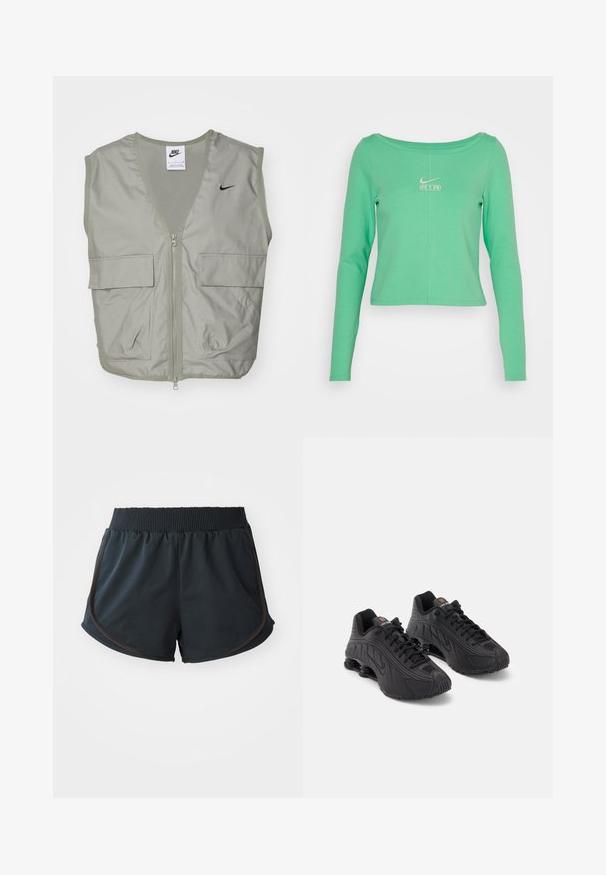 Heled roheline Nike vest V-kaelusega, võrgumaterjaliga detailid, esikraan ja kaks avarat klapikotid. Rinnal on väike must logo.; Pikkade varrukatega, lühikese lõikega piparmündiroheline särk, mis on valmistatud siledast puuvillast, ümmarguse kaelusega ja valge Nike Air logo rinnal.; Mustad mustad spordilühik, millel on soonikuga vöökoht, külgõmblused ja pruunid aktsendid, valmistatud kergest ja siledast kangast.; Mustad mustrinjalatsid sujuva sünteetilise pealsega, tekstuursete detailidega, paeltega kinnitussüsteem ja nähtav kevadresistav cushioning kontsas.