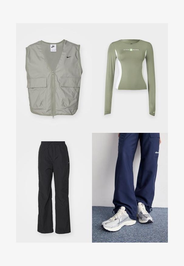 Svetlozelená vesta Nike s výstrihom do V, sieťovinovým detailom, predným zipsom a dvoma priestrannými vreckami na klopu. Na hrudi sa nachádza malé čierne logo.; Olívovo zelené tričko s dlhým rukávom Nike Shox so sivobielymi bočnými panelmi a neónovo zelenými akcentmi, priliehavý strih a malý logo Swoosh na manžete rukáva.; Čierne, ľahké nohavice s elastickým pásom a šnúrkou. Majú textúrovaný povrch a malú reflexnú nášivku na boku.; Športové topánky Nike s strieborným sieťovaným zvrškom, bielymi detailmi a textúrovanými podrážkami, skombinované s voľnými námorníckymi nohavicami.