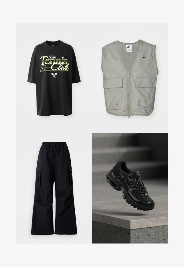 Gilet Nike vert clair avec un col en V, des détails en maille, une fermeture éclair à l'avant et deux grandes poches à rabat. Présente un petit logo noir sur la poitrine.; T-shirt en coton noir à manches courtes, avec un graphique "Nike Tennis Club" en vert et blanc, illustrant une balle de tennis et une raquette.; Pantalons cargos noirs avec des jambes larges, taille élastique, cordon de serrage ajustable et deux poches latérales. Fabriqués en tissu léger et lisse.; Chaussure de course noire Nike avec tige en mesh et synthétique flottant au-dessus d'une surface en béton avec des marches en arrière-plan.