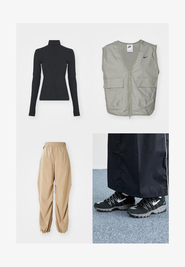 Lys grøn Nike vest med V-hals, mesh-detaljer, lynlås foran og to rummelige klaplommer. Har et lille sort logo på brystet.; Sort ribbet turtle neck bluse med lange ærmer, tætsiddende pasform, glat tekstur og subtil stræk, designet til komfort og lagdeling.; Beige letvægtsbukser med elastisk talje, tapered manchetter og en glat tekstur, der har en afslappet pasform og ingen synlige mønstre eller udsmykninger.; Sorte sportsko med en struktureret overdel, sølvdetaljer og en mønstret ydersål, parret med et langt sort plagg. Sat mod blå tæpper.