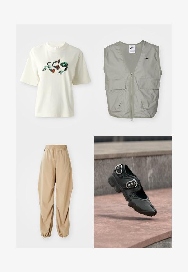 Svetlozelená vesta Nike s výstrihom do V, sieťovinovým detailom, predným zipsom a dvoma priestrannými vreckami na klopu. Na hrudi sa nachádza malé čierne logo.; Krémové bavlnené tričko s krátkymi rukávmi, ktoré má čierny, zelený a oranžový kvetinový dizajn a štýlizovaný text v strede.; Bežové ľahké nohavice s elastickým pásom, zúženými manžetami a hladkou textúrou, s voľným strihom a bez viditeľných vzorov alebo ozdôb.; Čierna topánka s rozdeleným prstom, dvoma striebornými prackami, hrubou podrážkou a perforovanými detailmi, plávajúca nad kamenným povrchom.
