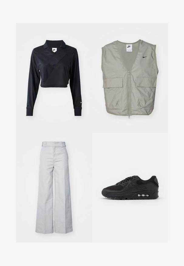 Svetlozelená vesta Nike s výstrihom do V, sieťovinovým detailom, predným zipsom a dvoma priestrannými vreckami na klopu. Na hrudi sa nachádza malé čierne logo.; Čierna dlhá rukáv polo košeľa so skráteným strihom a výstrihom do V, ktorá má diagonálny šev, hladkú textúru a logo Nike na rukáve.; Svetlošedé nohavice s širokými nohavicami vyrobené z bavlneného zmesi, so zvýšeným pásom, štruktúrovaným pásom a viditeľným prešívaním.; Čierna športová teniska s hladkým koženým a sieťovaným zvrškom, okrúhlou špičkou, textúrovanými akcentmi a viditeľnou vzduchovou jednotkou v podrážke.