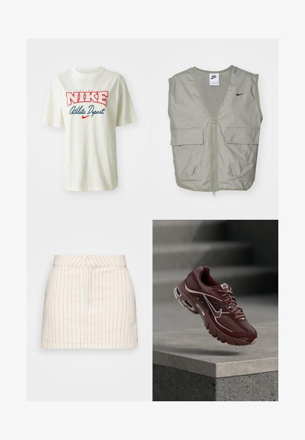 Lichtgroene Nike-vest met een V-hals, mesh-details, een voorrits en twee ruime klepzakken. Bevat een klein zwart logo op de borst.; Witte katoenen t-shirt met een rood en blauw "NIKE" logo met daarboven de tekst "Just Do It" en daaronder "Athletic Depart.", korte mouwen, ronde hals.; Crème-kleurige rok met dunne rode verticale strepen, met een getailleerd ontwerp en rechte zoom. Gemaakt van een lichtgewicht stof.; Bordeauxkleurige Nike hardloopschoen met mesh stof, gevoerde kraag, dikke zool en witte accenten. Het ontwerp heeft een afgeronde neus en opvallende veters.