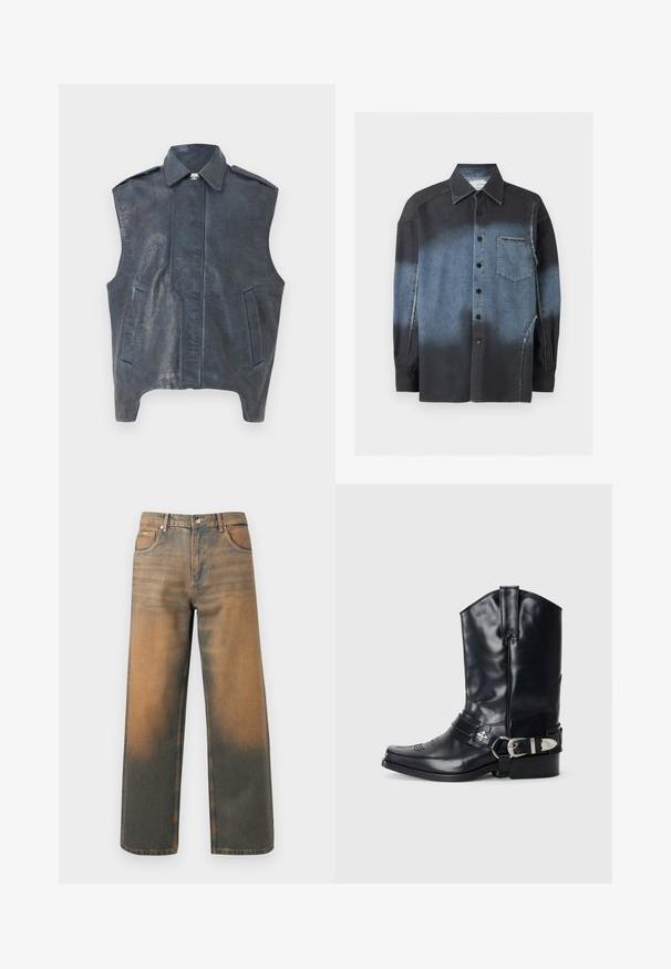 Ærmeløs mørkeblå lædervest med en struktureret krave, frontsnit og to sidelommer. Tekstureret overfladedetalje tilføjer visuel interesse.; Skjorte med knapper og lange ærmer med gradient fra sort til denimblå farve, brystlomme med synligt mærke og synlige sømdetaljer.; Videbenede jeans i slidte blå og brune denim. Har høj talje, forlommer og en klassisk knaplukning med metaldetaljer.; Sort læder cowboystøvle med spidse tæer, høj skaft, dekorativ stitching og sølv spændehardware på remmen. Tekstureret overflade.