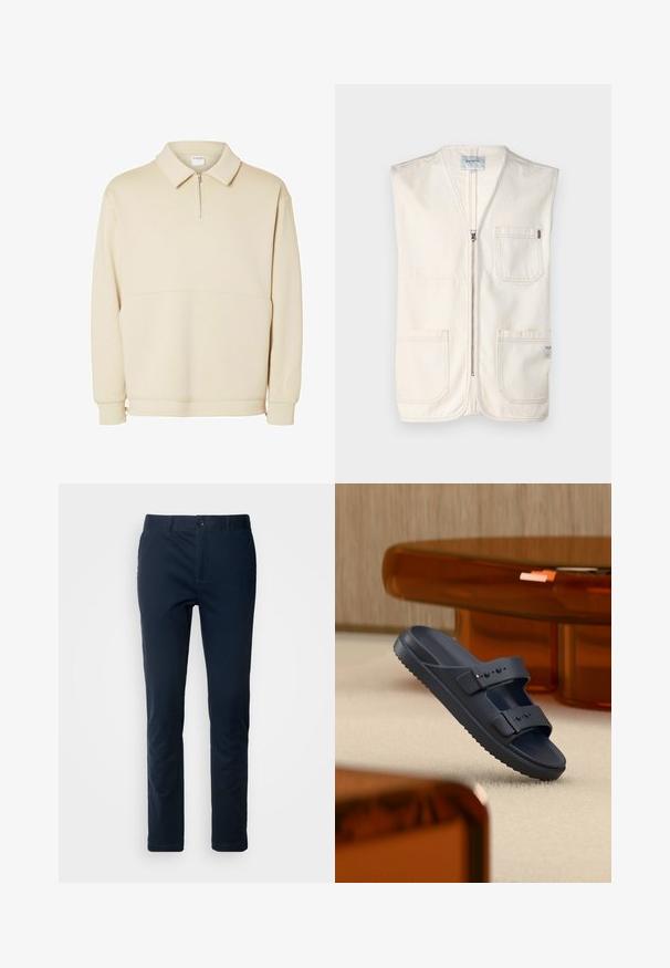 Beige ærmeløs vest lavet af bomuld, med en frontlynlås, to store frontlommer og et lille mærke på den nederste højre side.; Beige pullover sweatshirts lavet af blødt stof, med lynlås i halsen, krave og en afslappet pasform med en simpel vandret sømdetalje.; Marineblå chinos lavet af vævet stof, med frontlukning med knap, bæltestropper og en lige benfigur med minimalistisk stil.; Enkelt sort klipklap med to justerbare remme, der hviler på beige tæppe nær brune gennemsigtige bordben.