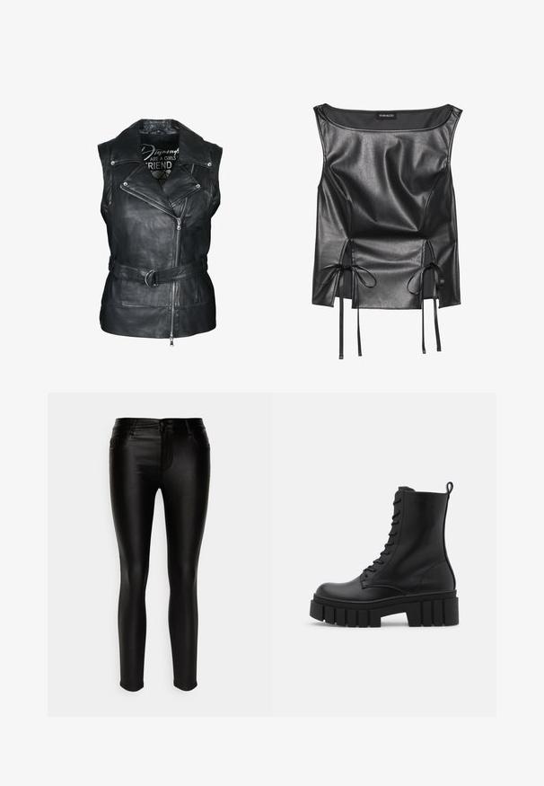 Schwarze Lederweste mit strukturiertem Kragen, asymmetrischem Frontreißverschluss und taillierter Taille. Verfügt über ein reduziertes Design und eine glatte Textur.; Schwarzes Kunstlederoberteil mit U-Ausschnitt, geraffter Textur, seitlichen Schlitzen mit Satinschnüren und enganliegendem Schnitt.; ONLY Petite ONLHELLA COATED - Jeans Skinny Fit - black; Schwarze Lederknöchelstiefel mit klobiger, gerippter Sohle, Schnürung vorne und Zuglasche auf glattem weißen Hintergrund.
