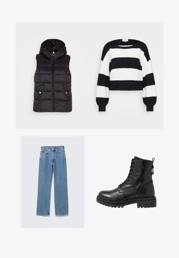 JDY JDYZULU SHORT HOOD WAISTCOAT - Veste sans manches - black; Pull court à rayures noir et blanc en maille douce. Il présente un col large et des poignets côtelés.; Jean en denim bleu à taille haute, coupe droite, avec bouton avant, fermeture éclair, passants pour ceinture et design à cinq poches sur un fond clair uni.; Bottine en cuir noir avec bout arrondi, devant à lacets et semelle en caoutchouc texturé. Comprend une languette au dos et des coutures renforcées.