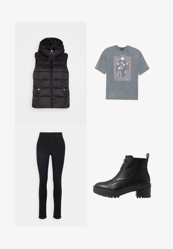 JDY JDYZULU SHORT HOOD WAISTCOAT - Vest - black; Hall poleeritud hall T-särk, millel on värvikas lillegraafik ja tekst "Lilled". Kujunduses on pastelsed toonid ja dekoratiivsed elemendid.; Mustad teksad, mis on valmistatud venivast kangast, omavad kitsast lõiget, viit taskut, vöörihmasid ja nööpkinne. Sile tekstuur, ilma nähtavate mustriteta.; Mustast nahast pahkluu saapad külgmise tõmbluku kinnitusega, paks must konts ja tekstuuriga talla tagamiseks haaratus. Sile viimistlus minimaalse kaunistusega.